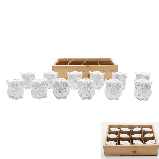 Set of 12 Little Whitewashed Resin Owls