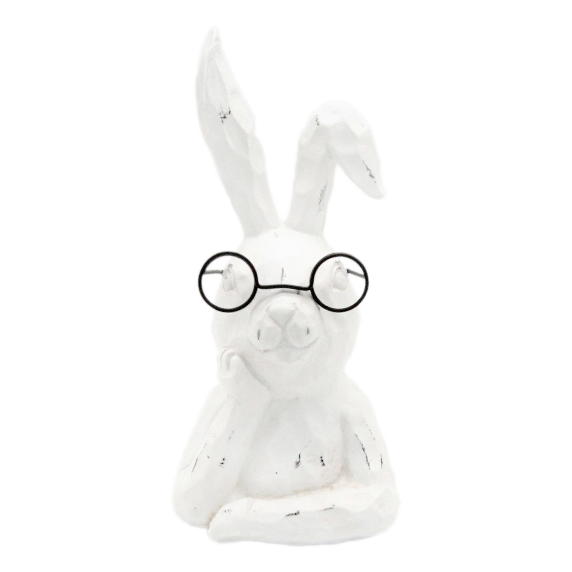 White rabbit figurine wearing round glasses on a white background