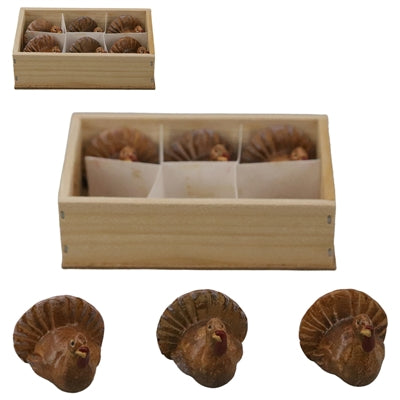 Set of 6 Mini Resin Turkeys with Box