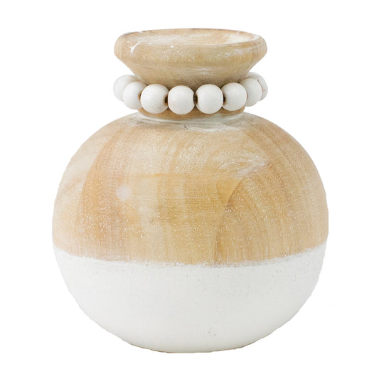 Round Wood Vase with Bead Necklace