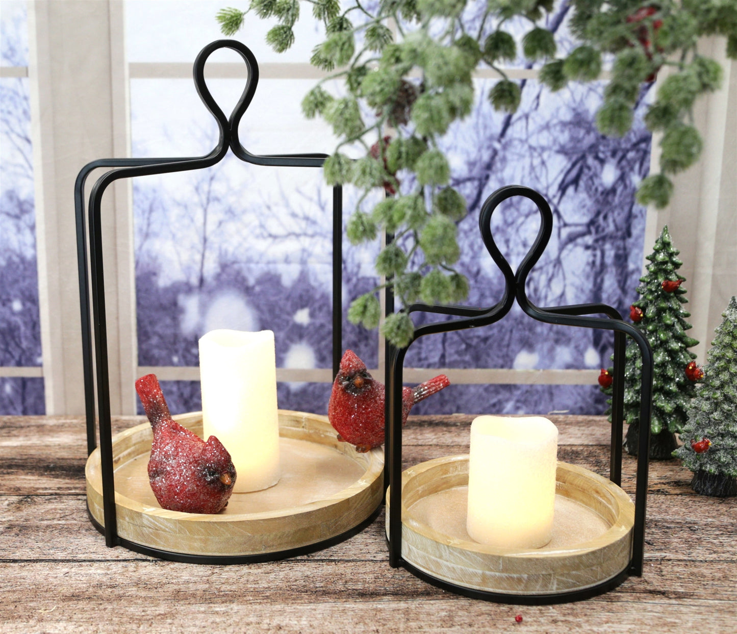 Set of 2 Wood and Iron Round Open Lanterns