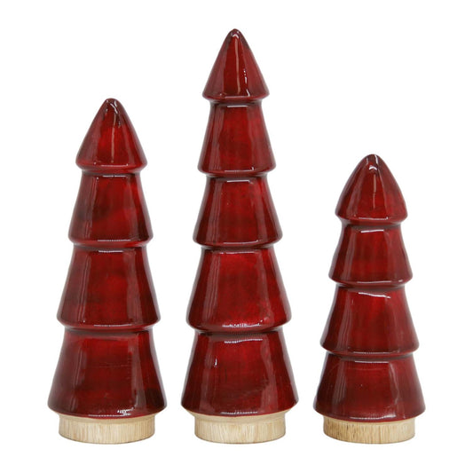 Set of 3 Wood and Ruby Red Enamel Christmas Trees