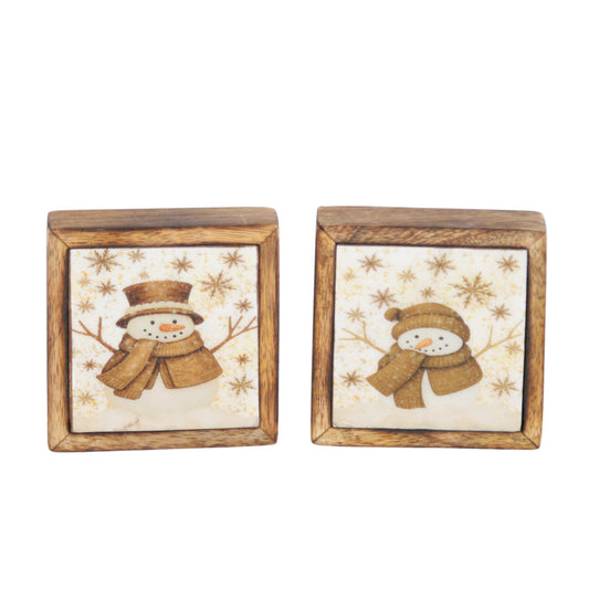 Set/2 Antique Shimmer Snowman Small Blocks