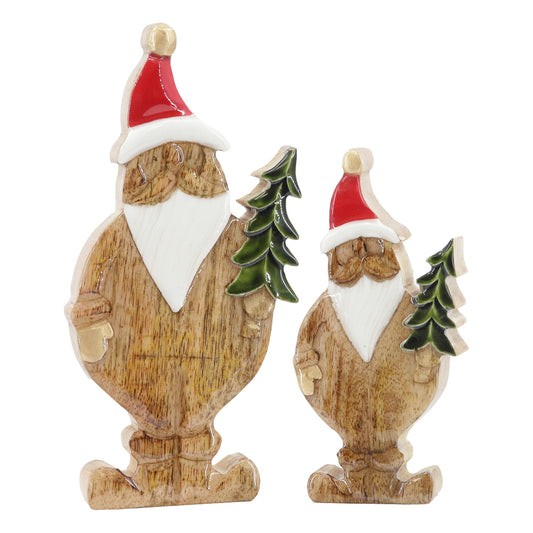 Set of 2 Round Wood Santas on Stands