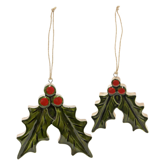 Set of 2 Wood Holly Ornaments