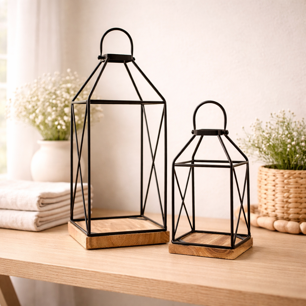 Set of 2 Iron and Acacia Wood Lanterns