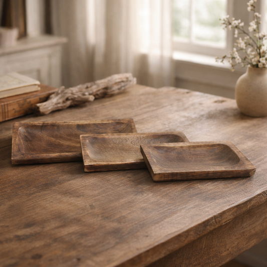 Set of 3 Dark Wood Rectangular Trays