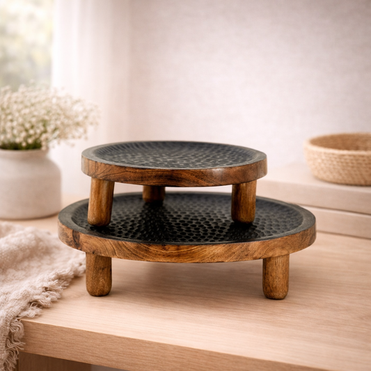 Set of 2 Dark Wood and Matte Black Textured Risers