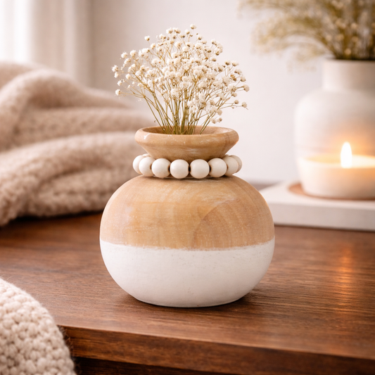 Round Wood Vase with Bead Necklace