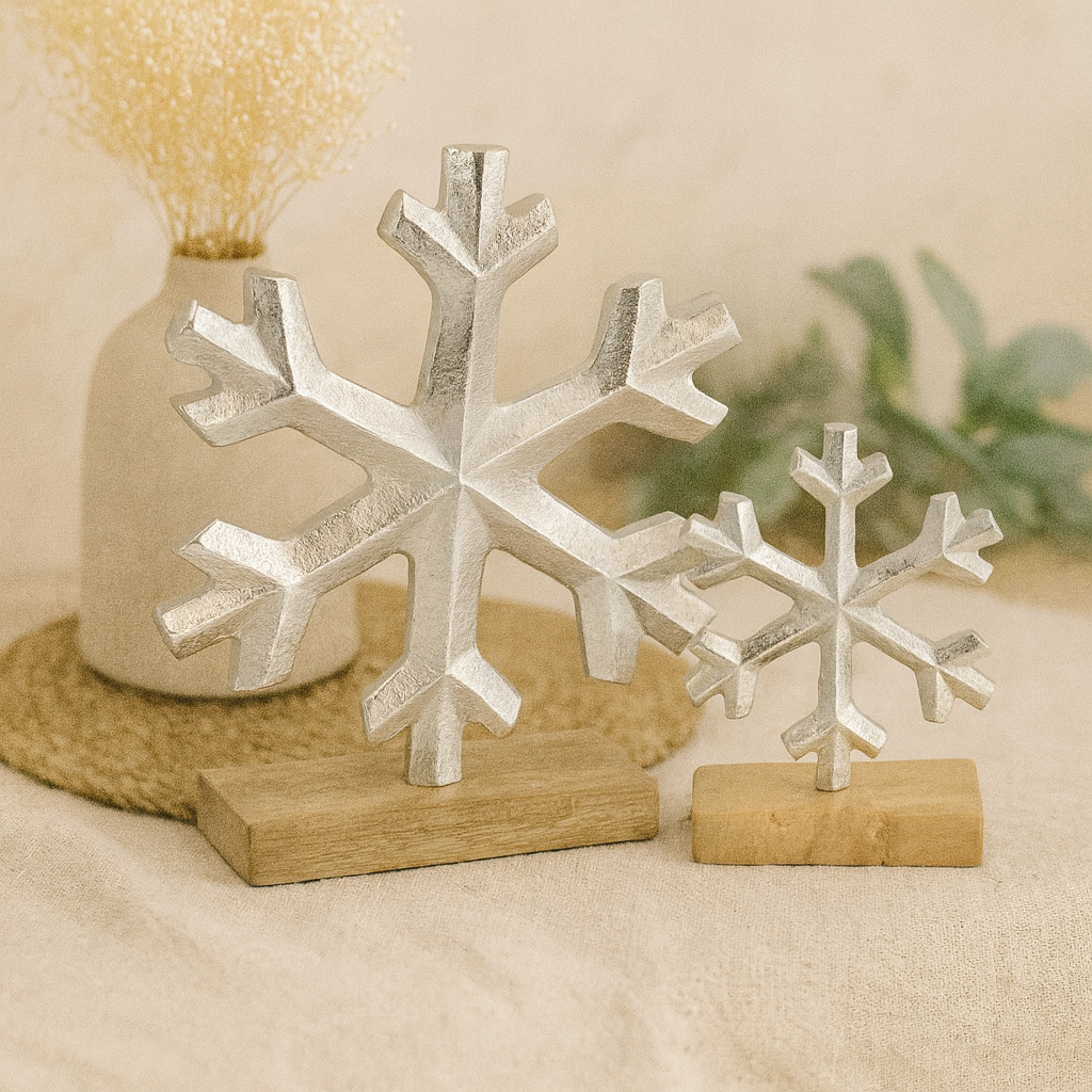 Set of 2 Aluminum Snowflakes on Stands