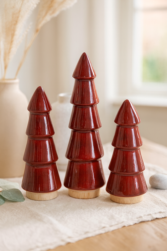 Set of 3 Wood/Ruby Red Enamel Christmas Trees