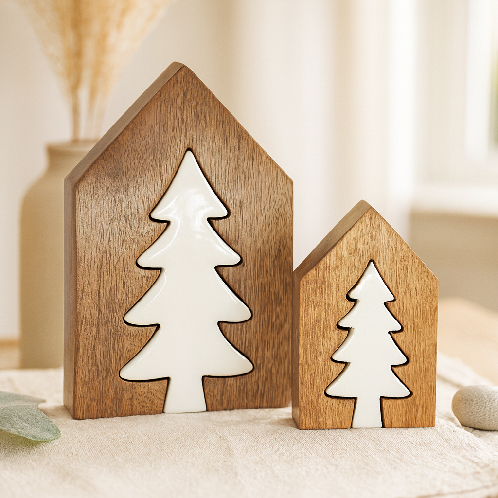 Set of 2 Wood Puzzle House and Tree Blocks