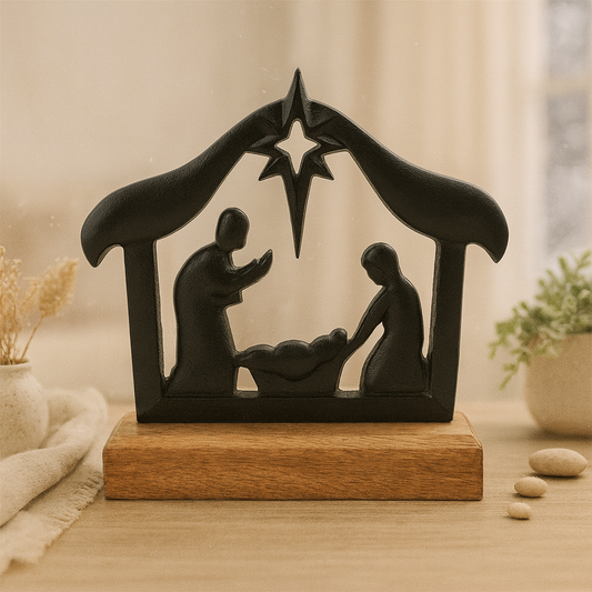 Black Metal Nativity on Wood Block