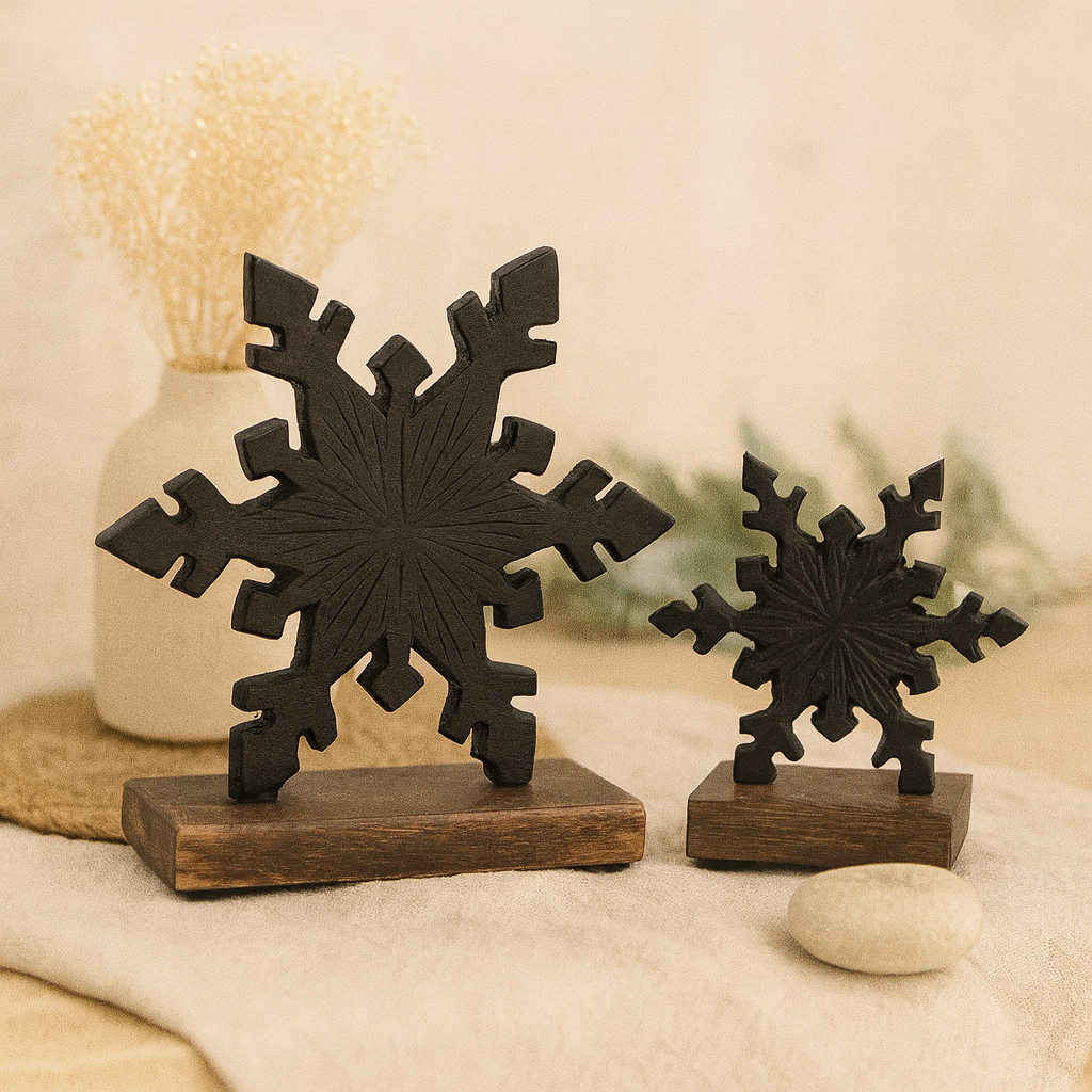 Set of 2 Black Metal Snowflakes on Stands
