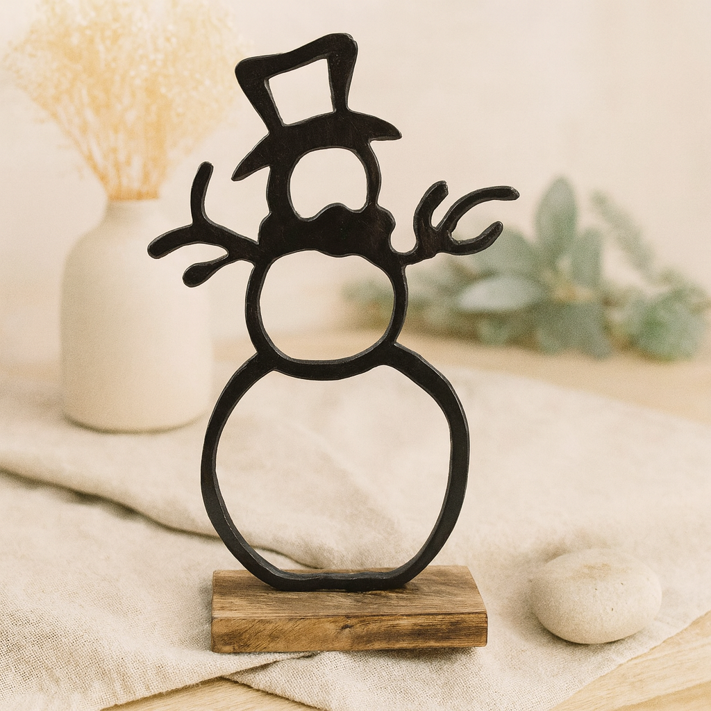 Large Black Metal Cutout Snowman on Stand
