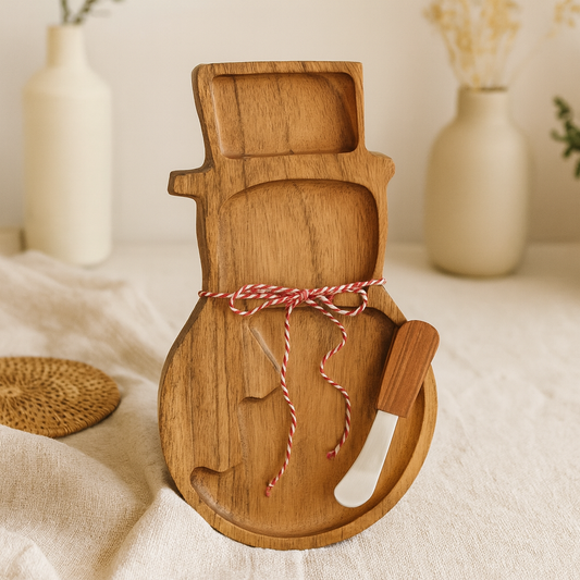 Wooden Snowman Cheese Tray and Knife Set