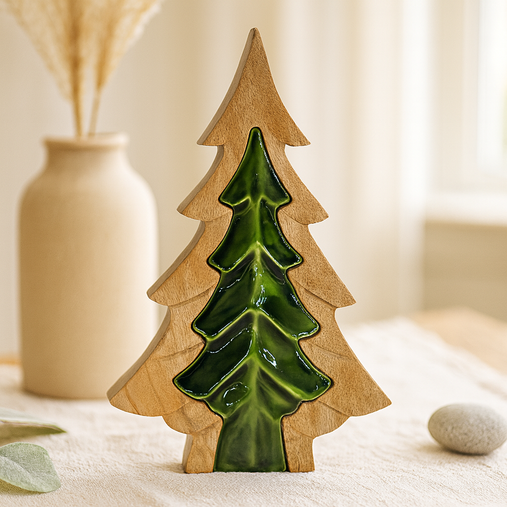 3D Wood and Green Enamel Tree 8"